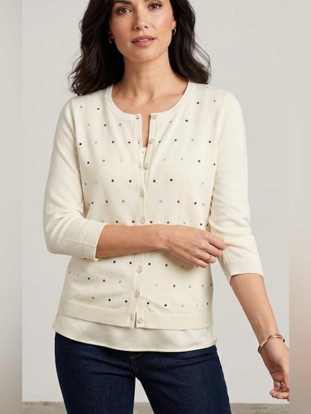 Talbots Cream Polka Dot Button-Front Cardigan